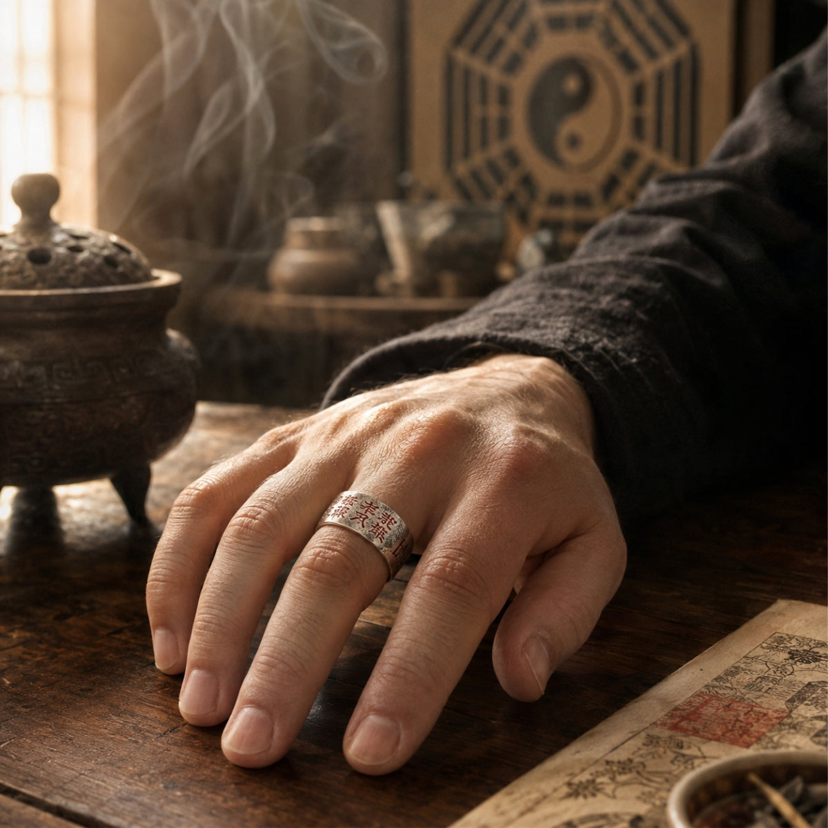 Male hand wearing a handcrafted 925 silver Taoist Mountain Ghost Five Thunder protection ring.