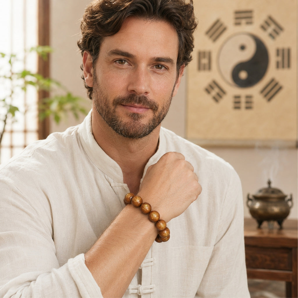 Man wearing a Five Thunders protection bracelet made of engraved thunderstruck wood beads