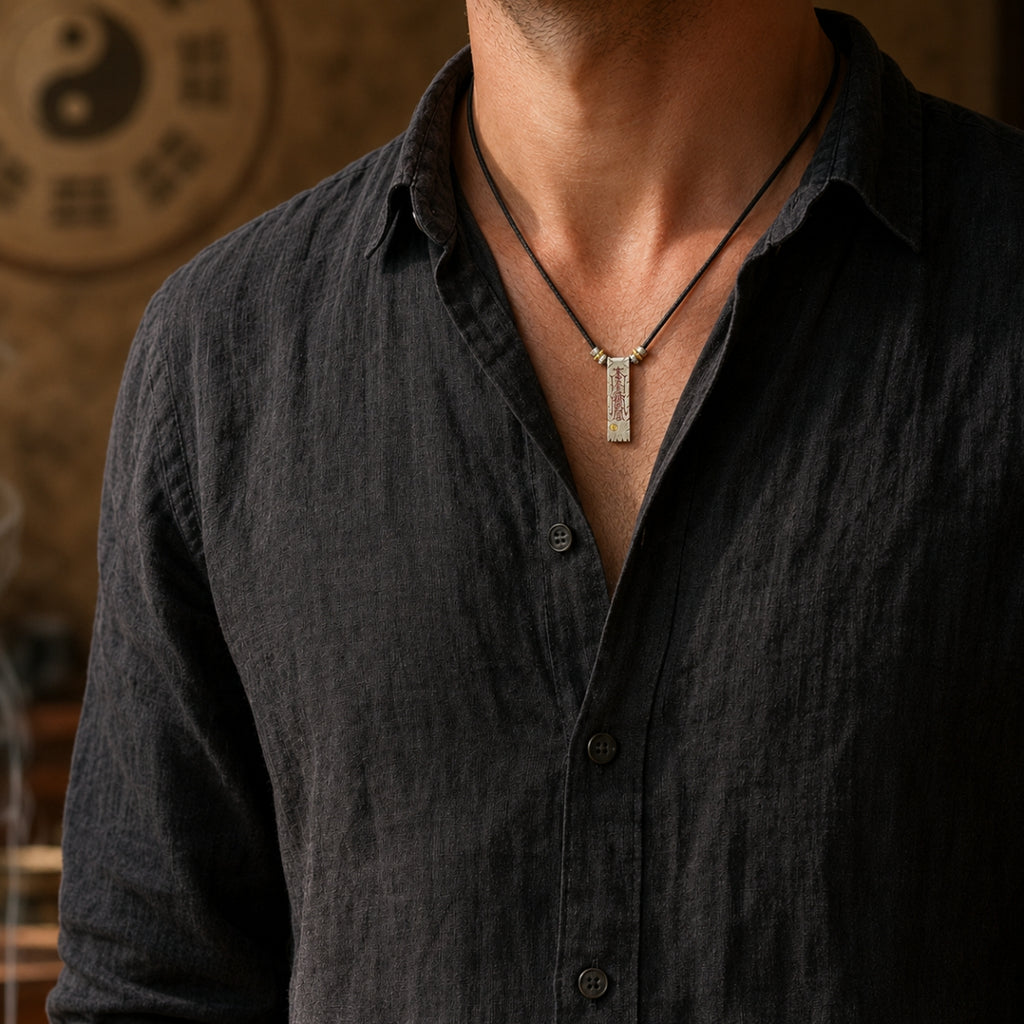 Male model wearing a Taoist dual-sided protection and fortune talisman necklace with a 925 silver cinnabar pendant.