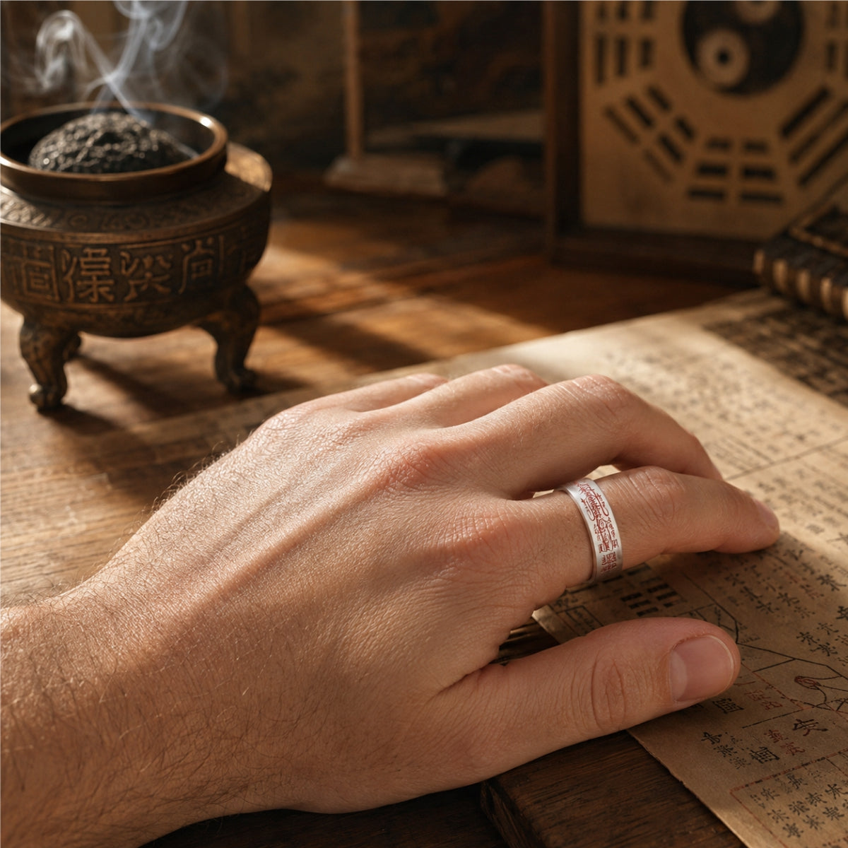Male hand wearing a handcrafted 925 silver Taoist wealth attraction ring with red cinnabar talisman engraving.