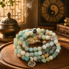 Multi-color Amazonite 108 bead meditation mala with Om pendant on a wooden tray beside incense and a Bagua background