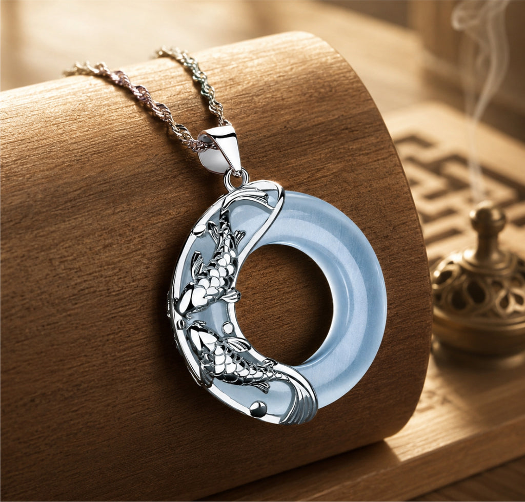 Close-up of a natural pale blue jade koi pendant with sterling silver koi details on a silver chain.