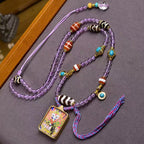 Tibetan White Nine-Tailed Fox Thangka Amulet Amethyst Necklace