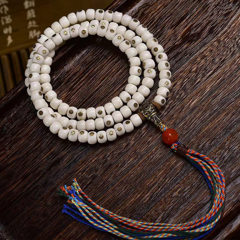 Tibetan Yak Bone Prayer Beads - Vintage Copper Swastika Inlay