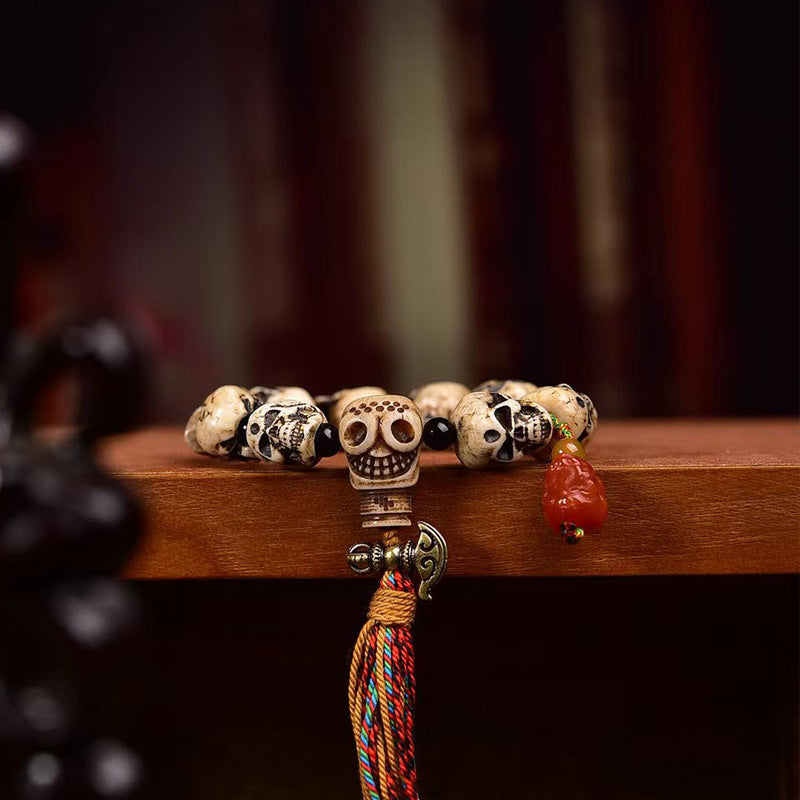 Tibetan Charnel Ground Skull Bracelet Camel Bone Carved Beads