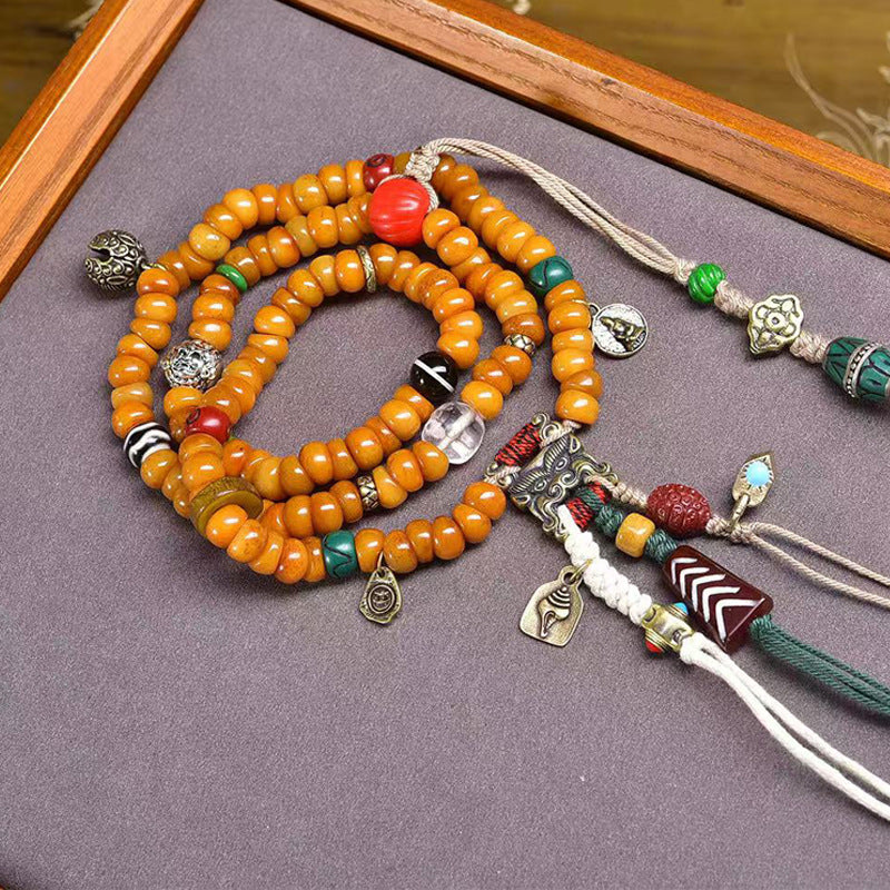 Tibetan Yak Bone Barrel Beads Prayer Bracelet - Auspicious Cloud Beast Wealth Clasp Bell