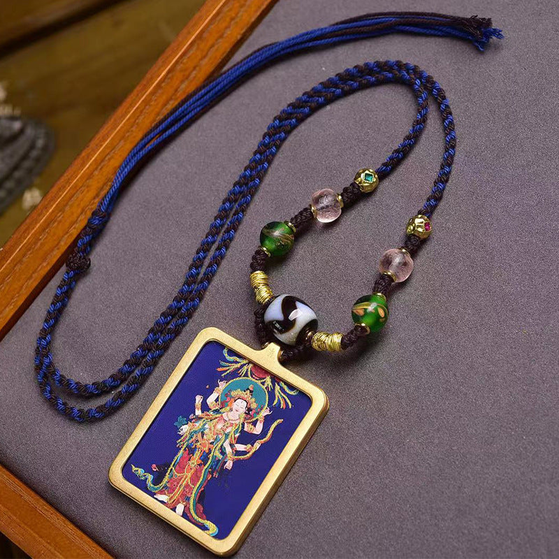 Tibetan Marici Deity Thangka Amulet Dzi Turquoise Necklace