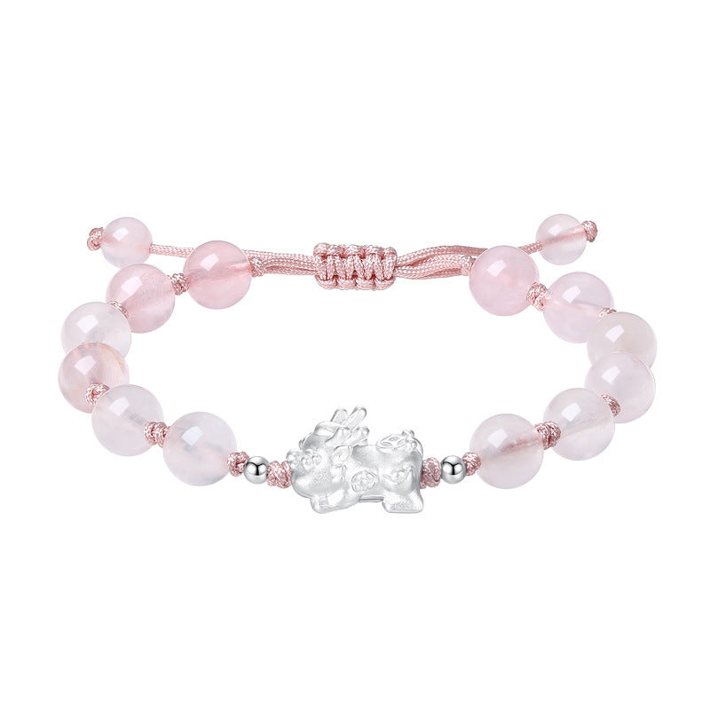 Baiyun Temple Silver Pixiu Rose Quartz Prosperity Bracelet | Wealth
