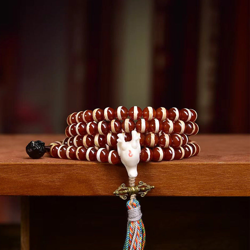 Tibetan Vintage Etched Agate Prayer Beads - Deer Bone Guru Bead