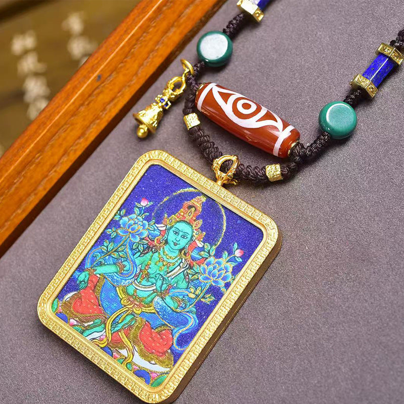 Tibetan Zodiac Guardian Green Tara Thangka Amulet Necklace
