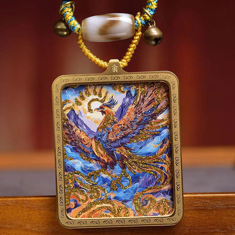 Tibetan Nine Purple Fire Phoenix Thangka Amulet Necklace