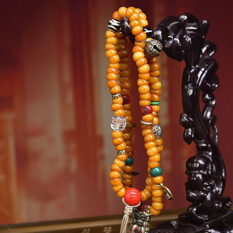 Tibetan Yak Bone Barrel Beads Prayer Bracelet - Auspicious Cloud Beast Wealth Clasp Bell