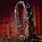 Tibetan Natural Three-Eye Dzi Bead 108 Prayer Beads Bracelet - Nanhong Agate Buddha Head