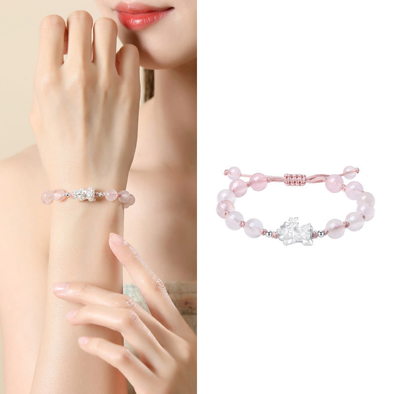 Baiyun Temple Silver Pixiu Rose Quartz Prosperity Bracelet | Wealth