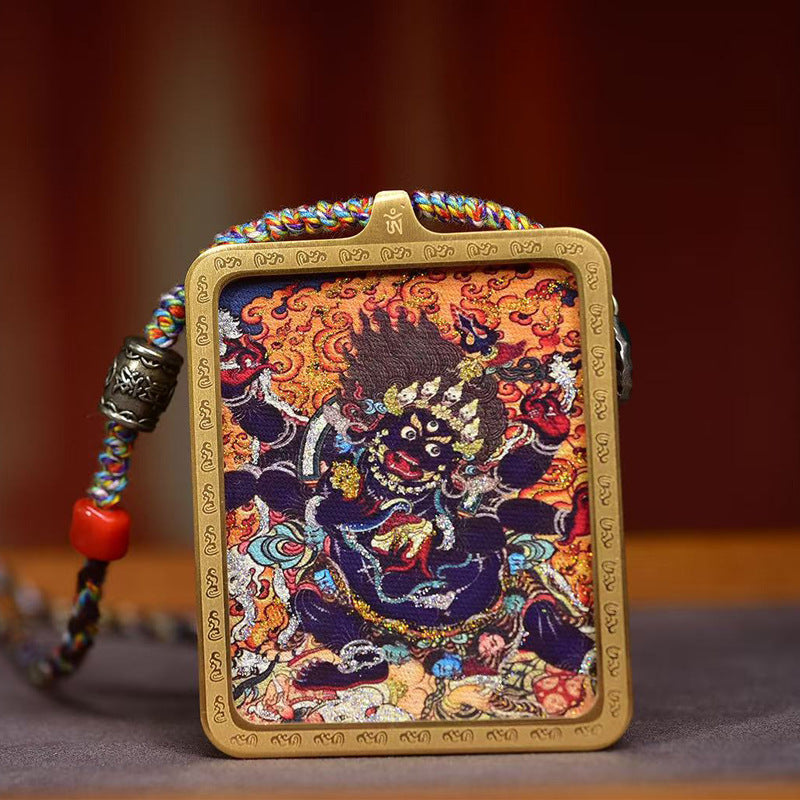Tibetan Six-Armed Mahakala Thangka Amulet Agate Dzi Necklace