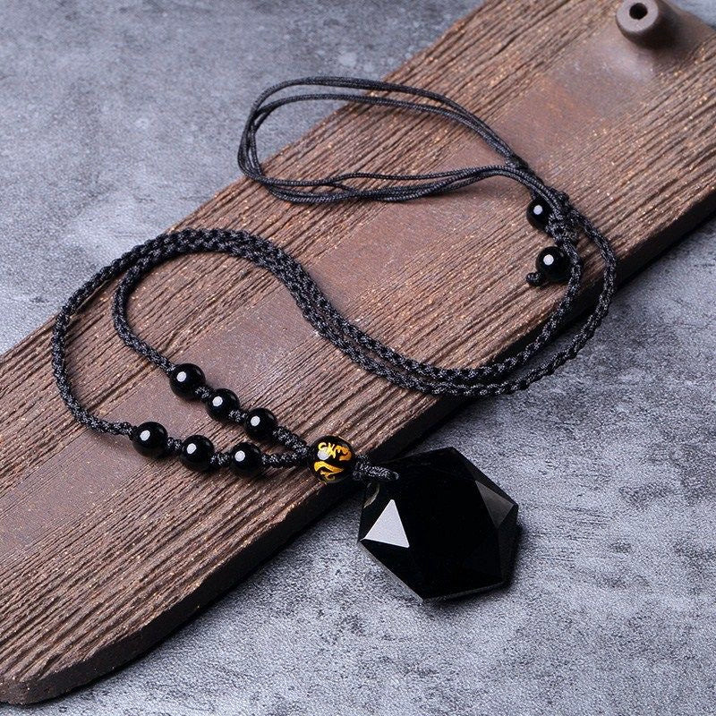 Six-Star Light Obsidian Protection Pendant | Black Stone Necklace