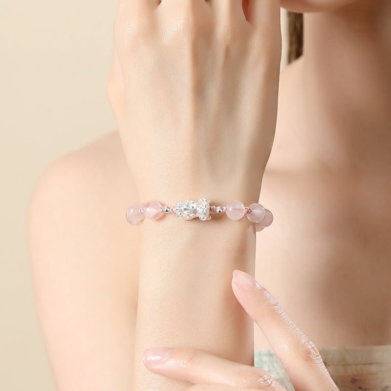 Baiyun Temple Silver Pixiu Rose Quartz Prosperity Bracelet | Wealth