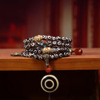 Tibetan Natural Three-Eye Dzi Bead 108 Prayer Beads Bracelet - Nanhong Agate Buddha Head