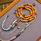 Tibetan Yak Bone Barrel Beads Prayer Bracelet - Auspicious Cloud Beast Wealth Clasp Bell