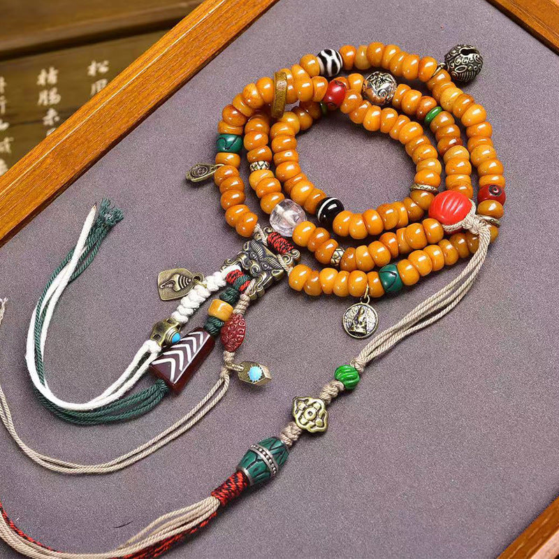 Tibetan Yak Bone Barrel Beads Prayer Bracelet - Auspicious Cloud Beast Wealth Clasp Bell