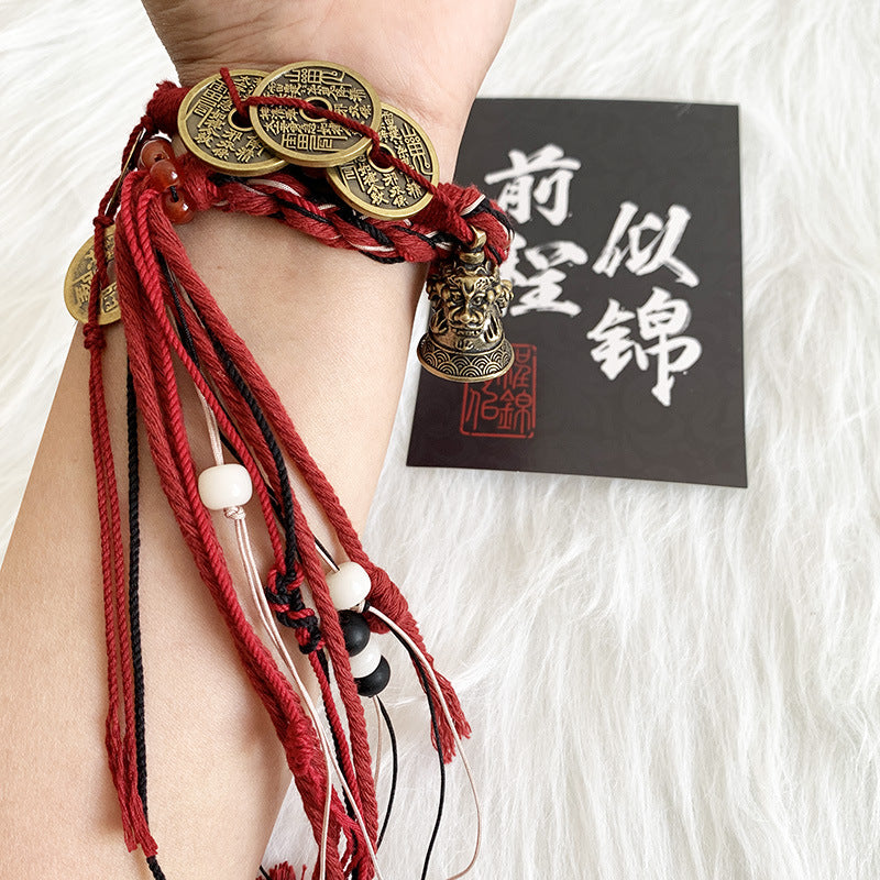 Tibetan Five-Ghost Coins Bell Energy Meditation Bracelet | Red Rope