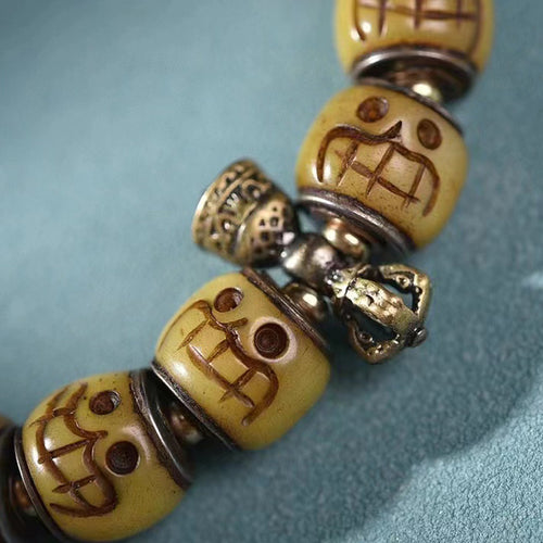 Camel Bone Happy Buddha Triple Wrap Bracelet Vajra Bell Charm