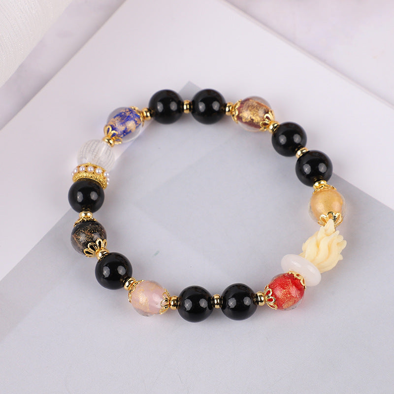 Black Porcelain Glaze Nine-Tailed Fox Crystal Bracelet | Gold Foil