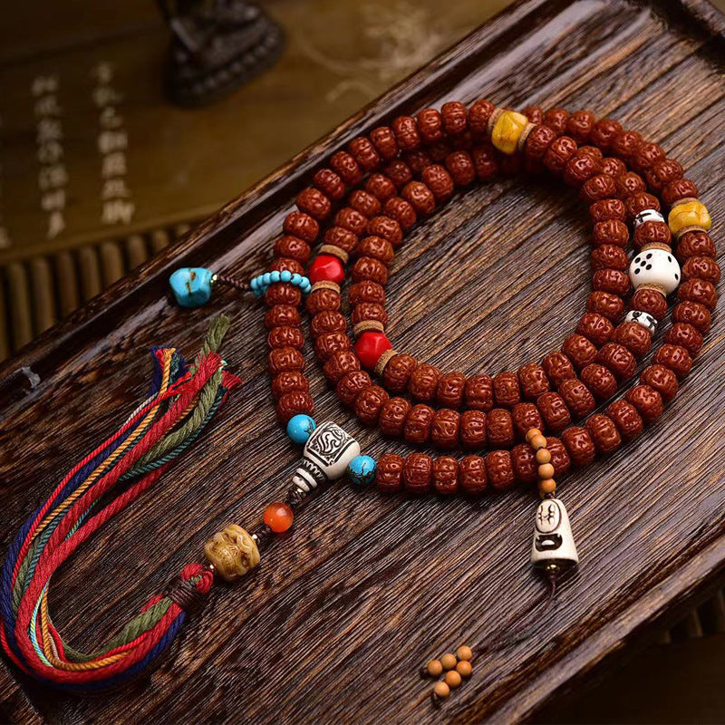 Tibetan Rudraksha Prayer Beads Bracelet - Past Present Future Turquoise Adai