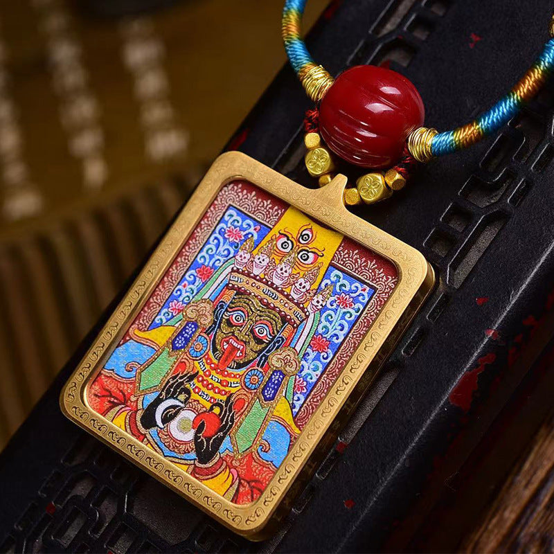 Tibetan Hand-Painted Dzambhala Thangka Amulet Necklace