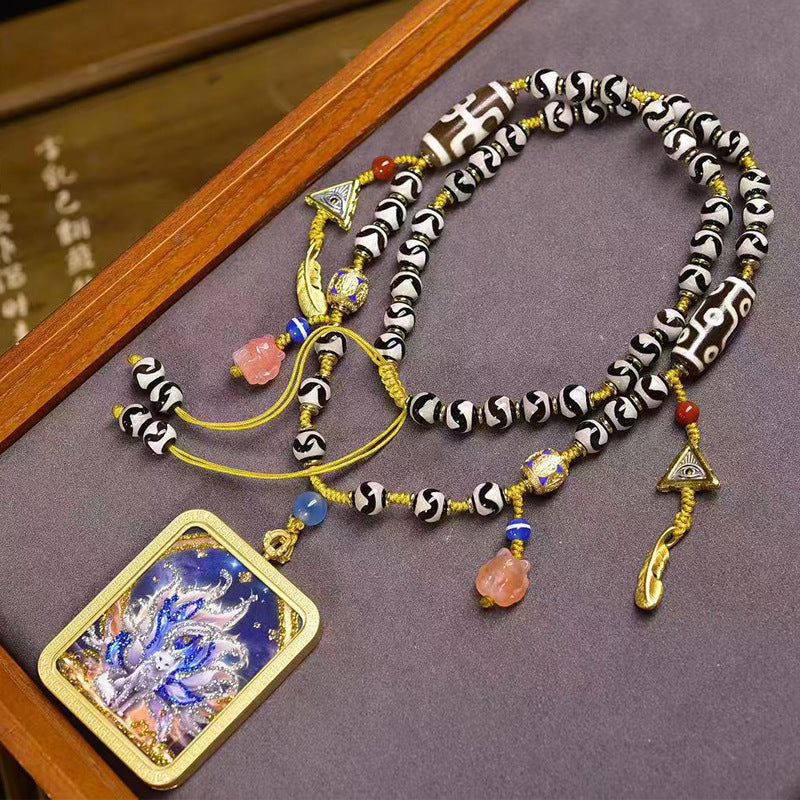 Tibetan Hand-Painted Thangka Nine-Tailed Fox Amulet Necklace