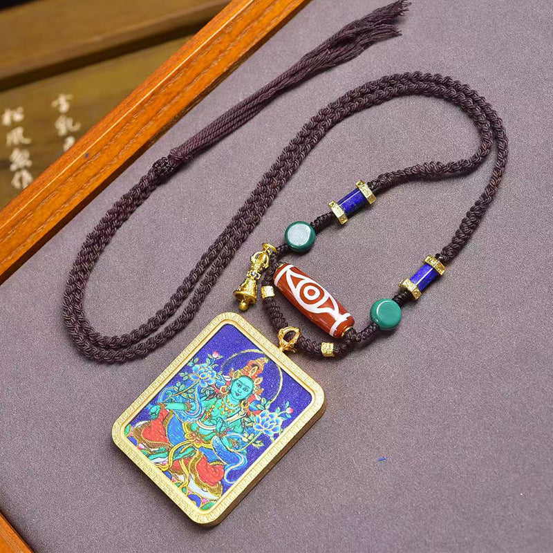 Tibetan Zodiac Guardian Green Tara Thangka Amulet Necklace