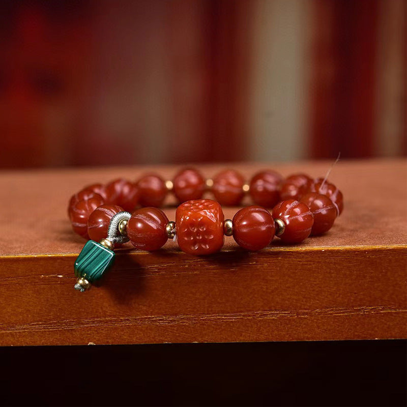 Red Agate Melon Beads Bracelet Malachite Charm