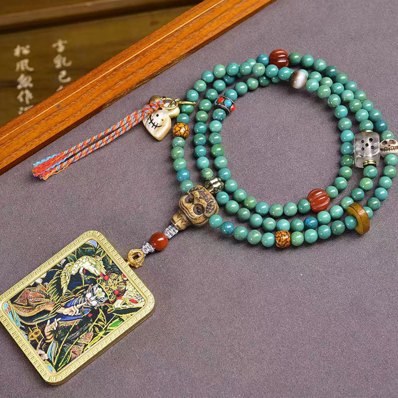 Tibetan White Crane Child Thangka Amulet Agate Turquoise Necklace