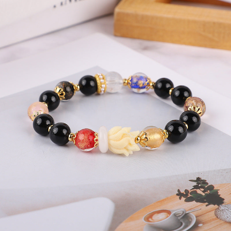 Black Porcelain Glaze Nine-Tailed Fox Crystal Bracelet | Gold Foil