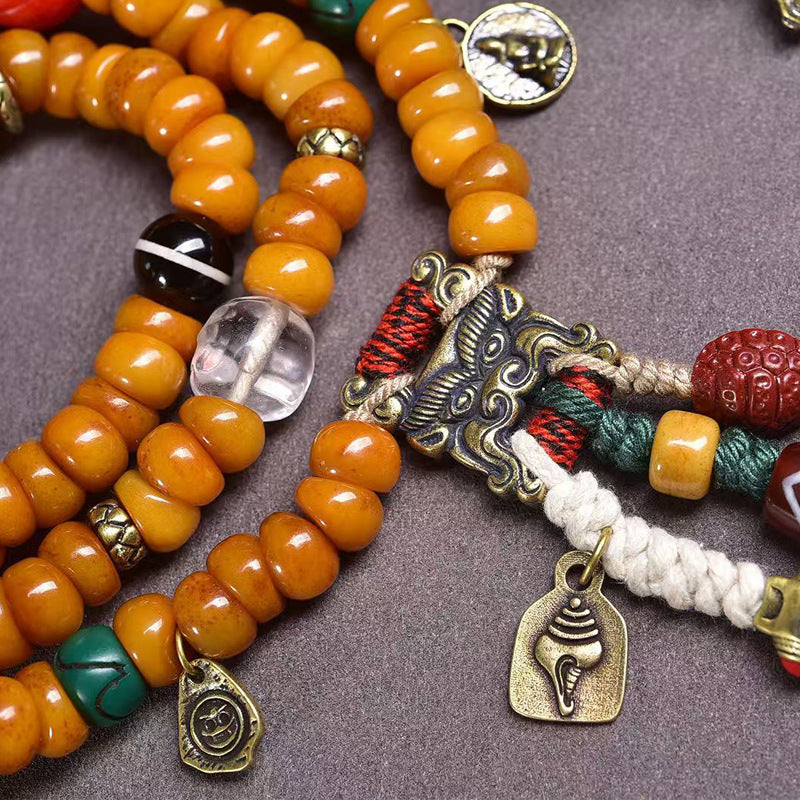 Tibetan Yak Bone Barrel Beads Prayer Bracelet - Auspicious Cloud Beast Wealth Clasp Bell