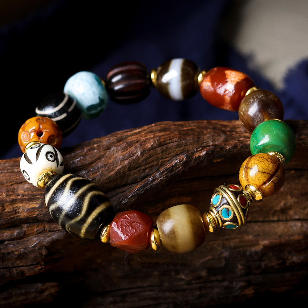 Tibetan Multi-Gem Bracelet - Double Tiger Tooth Dzi Antler Yak Bone