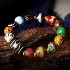 Tibetan Multi-Gem Bracelet - Double Tiger Tooth Dzi Antler Yak Bone