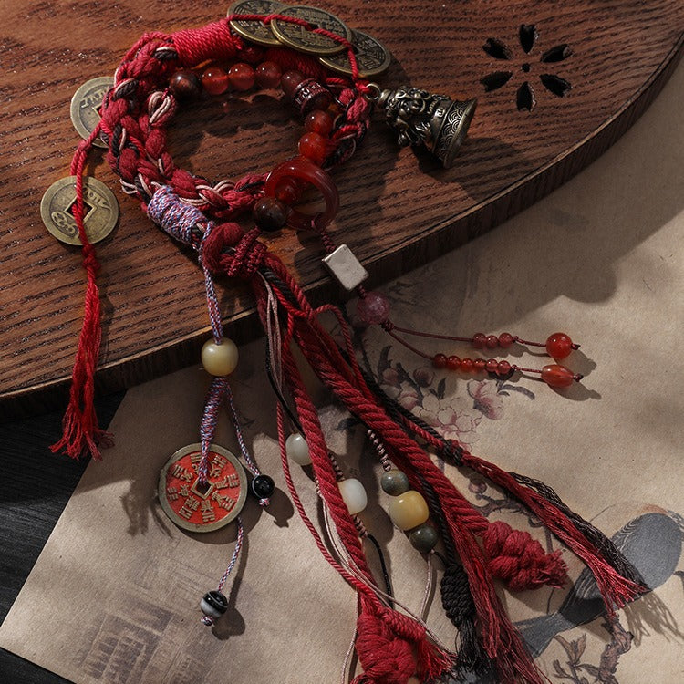Tibetan Five-Ghost Coins Bell Energy Meditation Bracelet | Red Rope