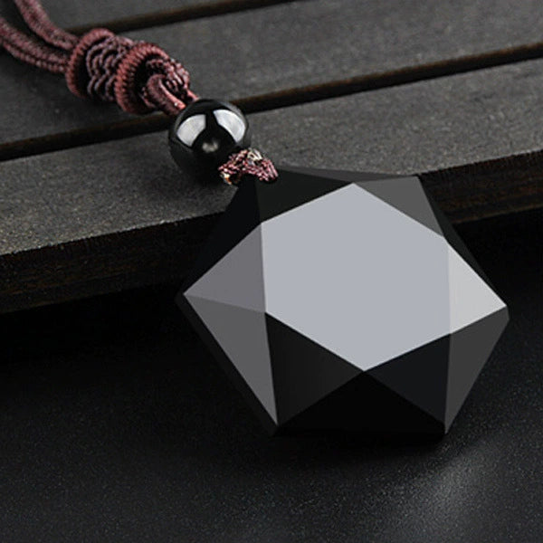 Six-Star Light Obsidian Protection Pendant | Black Stone Necklace