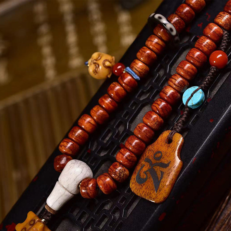 Tibetan Vintage Camel Bone Barrel Beads Prayer Bracelet - Meteorite Sherpa Agate