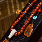 Tibetan Vintage Camel Bone Barrel Beads Prayer Bracelet - Meteorite Sherpa Agate
