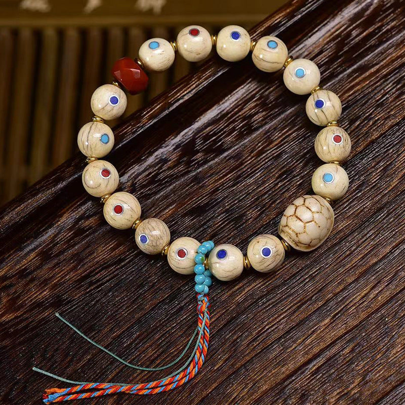 Aged Bone Wealth Bracelet White Inlay Beads Red Agate Charm