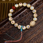 Aged Bone Wealth Bracelet White Inlay Beads Red Agate Charm