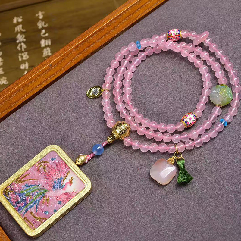 Tibetan Pink Phoenix Fire Thangka Amulet Rose Quartz Necklace