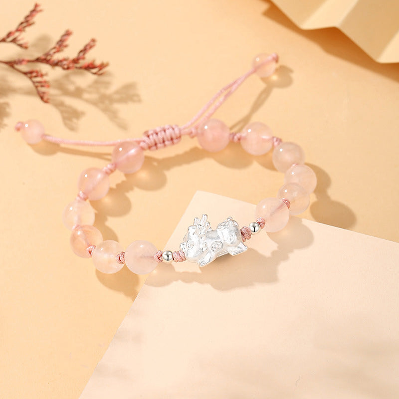 Baiyun Temple Silver Pixiu Rose Quartz Prosperity Bracelet | Wealth
