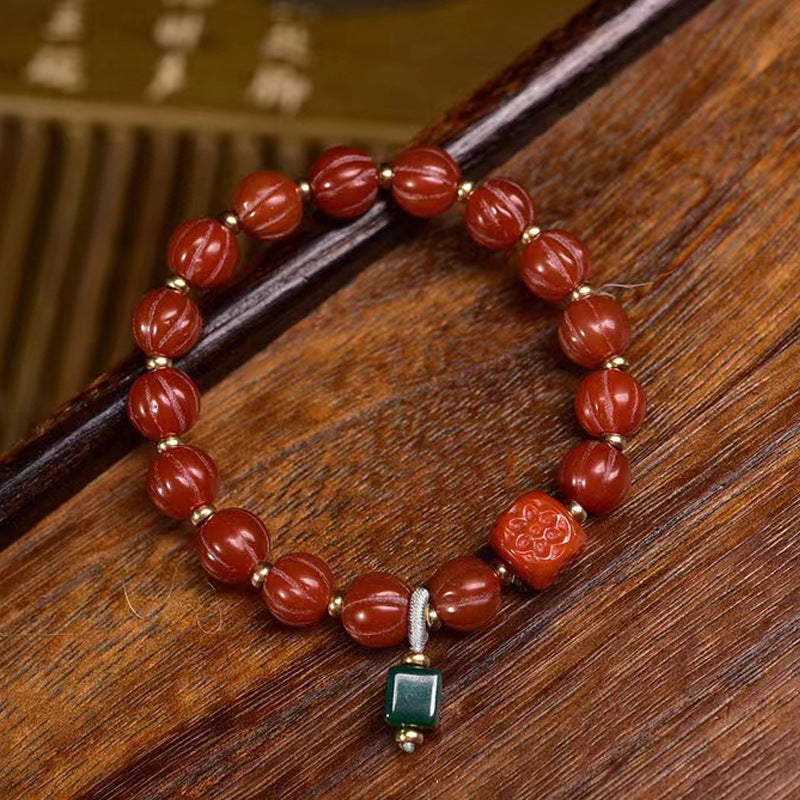 Red Agate Melon Beads Bracelet Malachite Charm