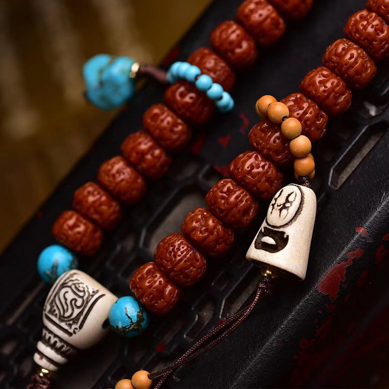 Tibetan Rudraksha Prayer Beads Bracelet - Past Present Future Turquoise Adai