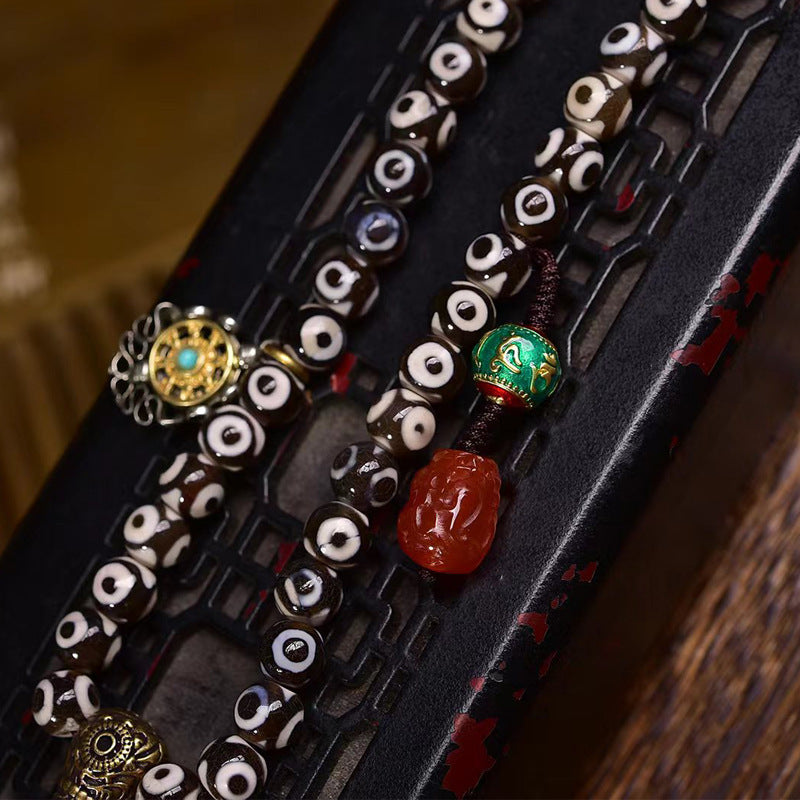 Tibetan Natural Three-Eye Dzi Bead 108 Prayer Beads Bracelet - Nanhong Agate Buddha Head