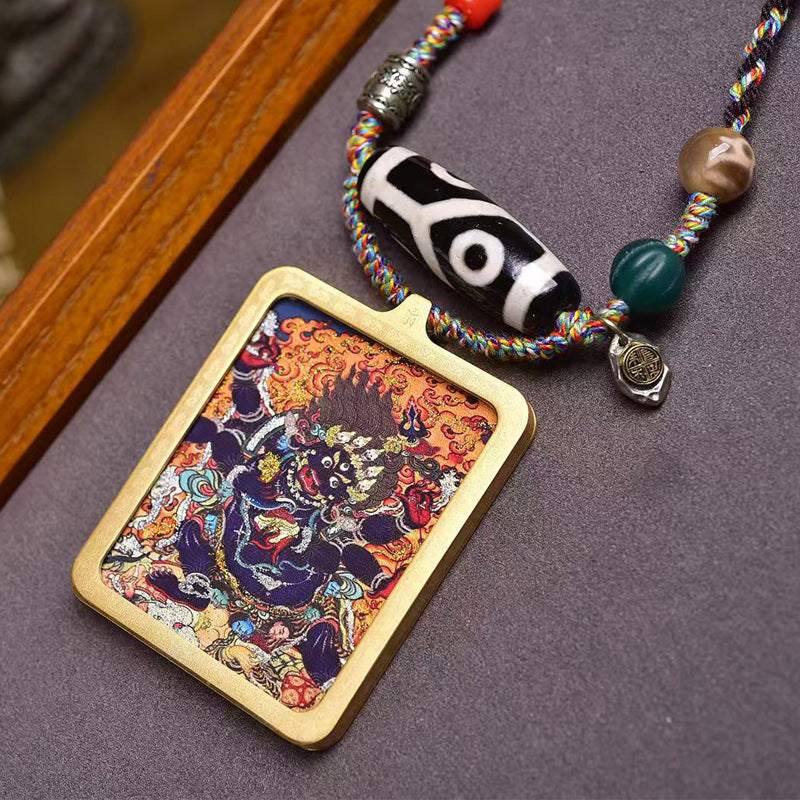 Tibetan Six-Armed Mahakala Thangka Amulet Agate Dzi Necklace