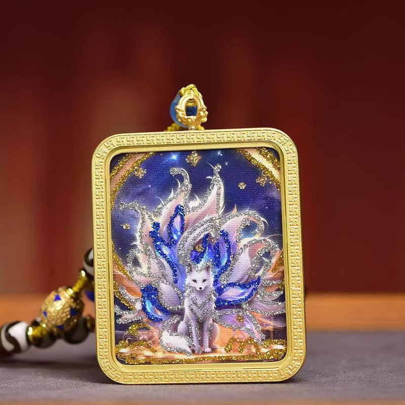 Tibetan Hand-Painted Thangka Nine-Tailed Fox Amulet Necklace
